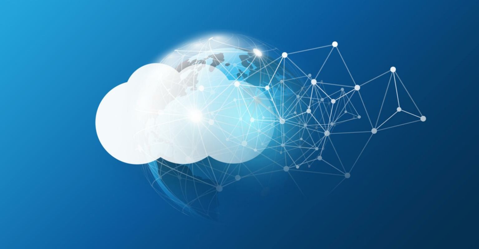  A globe with a cloud and lines and dots representing a network connection illustrating the search query 'Cloudnative security tools for data protection'.