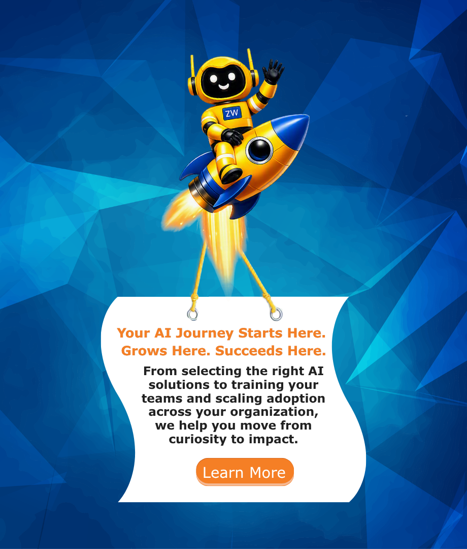 Our REsolveIQ robot flying in a rocketship with a banner talking about our AI strategy. Click to learn omore.
