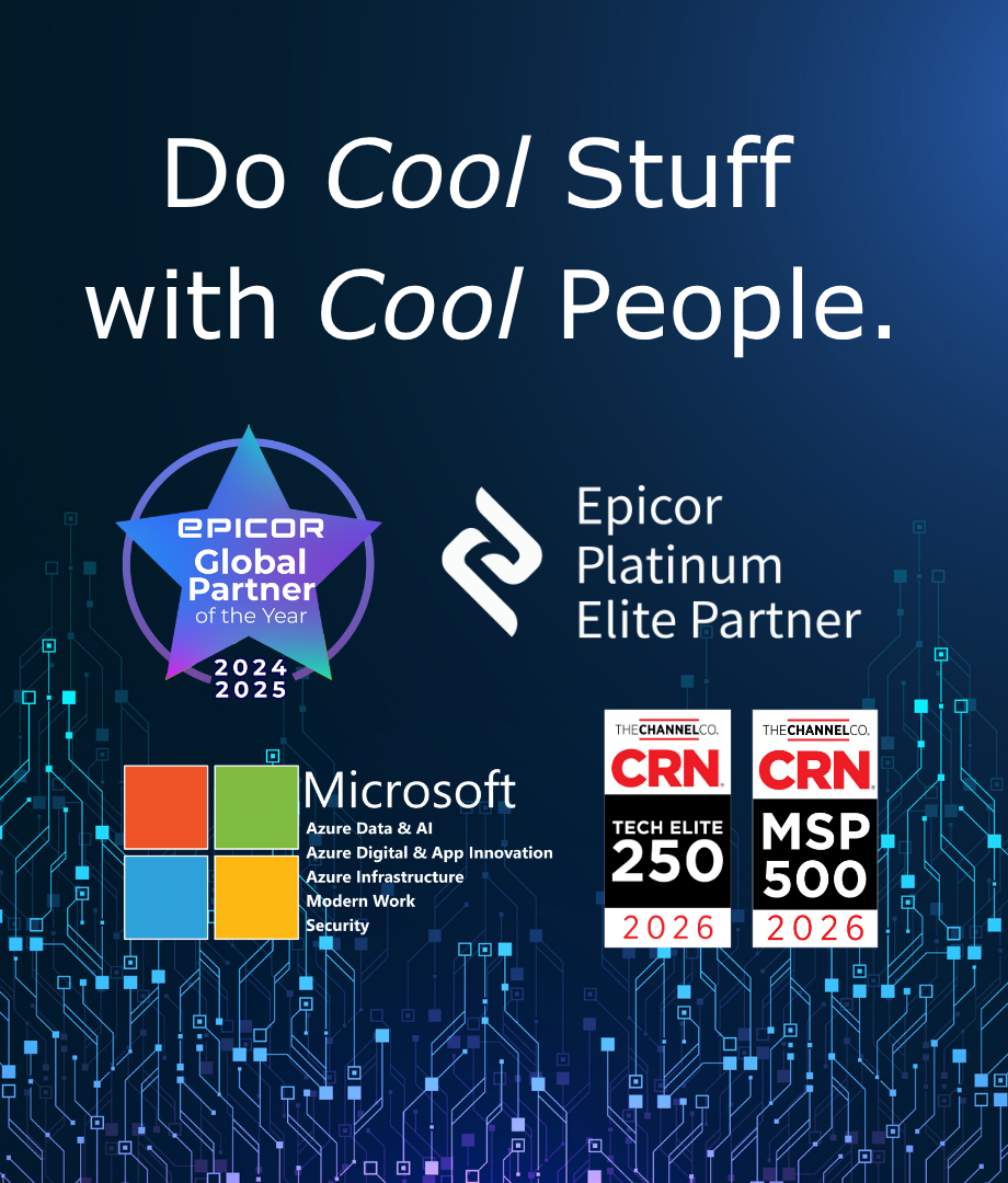 Careers banner with the headline "Do Cool Stuff with Cool People" and partner award logos highlighting 2W Tech's Microsoft, Epicor, and CRN industry recognitions.
