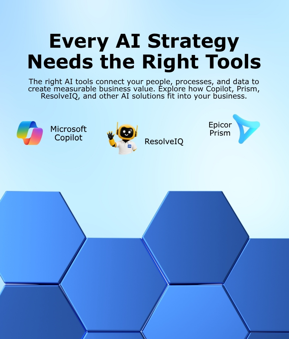 AI tools banner highlighting how Microsoft Copilot, Prism, ResolveIQ, and other AI solutions help connect people, processes, and data to drive business value.